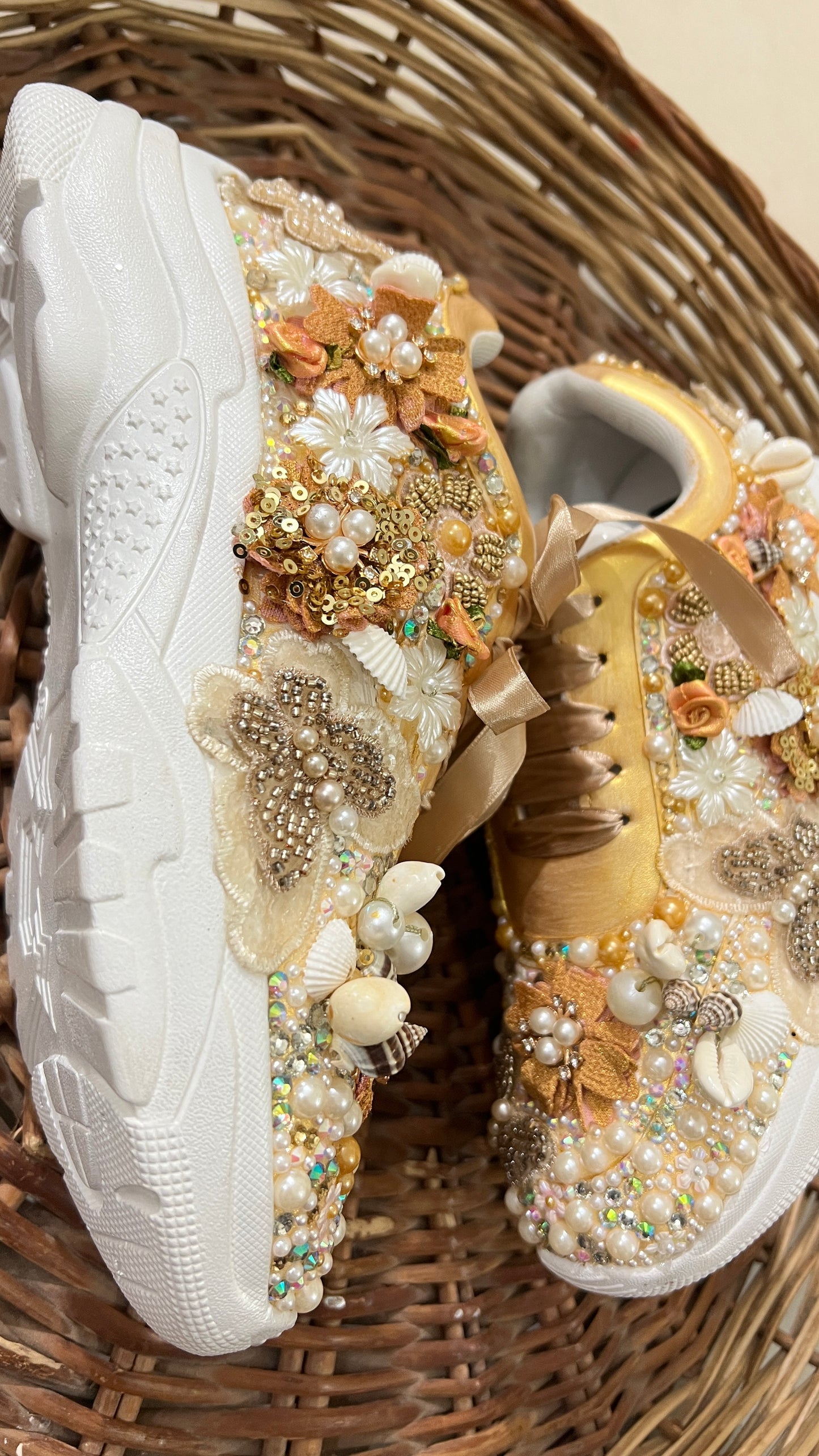 FUNKY N TRENDY gold butterfly embroidery sneakers for brides /gold embroidered sneakers/ handcrafted sneakers/ butterfly sneakers / bridal sneakers / bridesmaid sneakers/ gold and white hand work sneakers