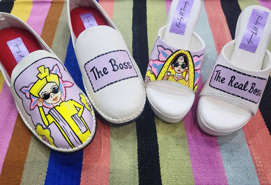 Funky N Trendy Couple footwear/ bridal footwear / groom footwear/ quirky footwear / couple shoes/funky bridal combos / wedding footwear/ couple footwear for haldi mahendi sangeet/hand painted heels/ wedges / yellow shoes for haldi