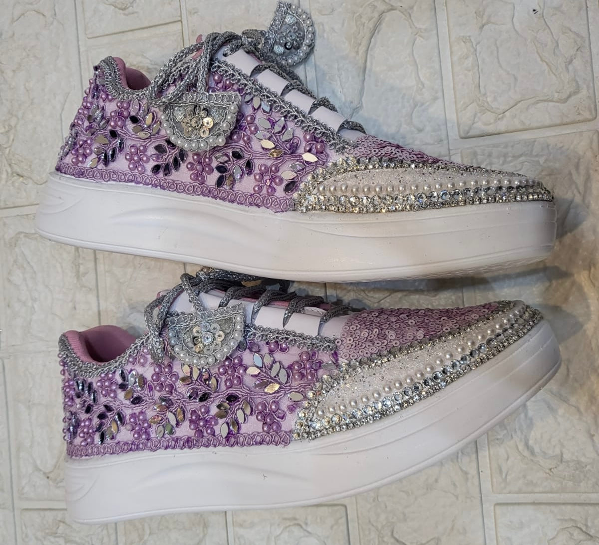 Funky N Trendy purple / lilac/ lavender embroidery work bridal sneakers/ bridesmaid sneaker / hancrafted sneakers / purple sneakers / white sneakers