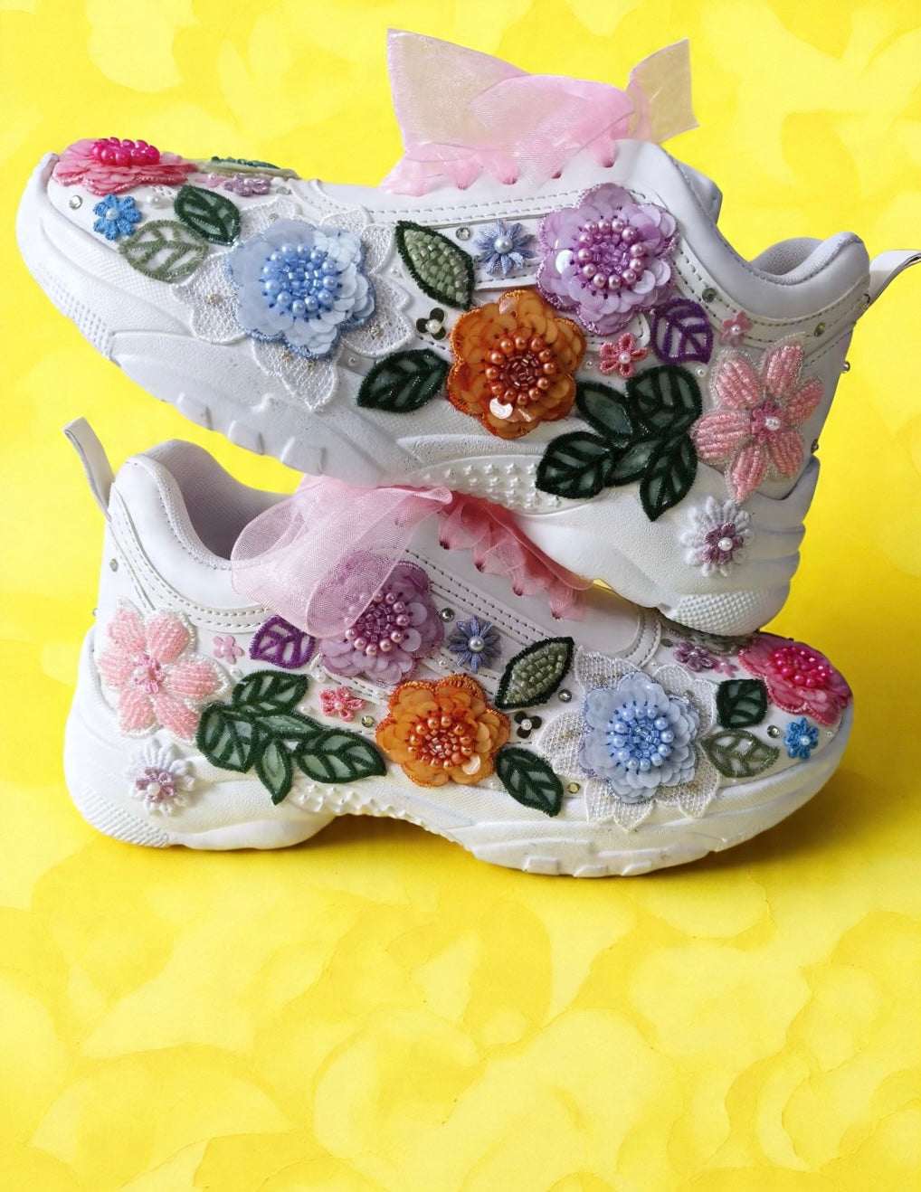 FUNKY N TRENDY “Pastel Garden Handcrafted Sneakers – Floral Magic” with customized wedding date / name initials
