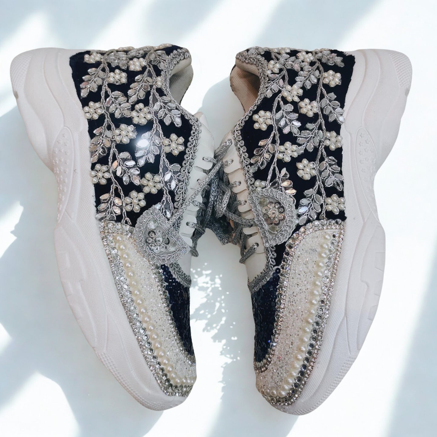 FUNKY N TRENDY Nevy blue and Silver hand work sneakers for brides / bridesmaids/ boho sneakers / blue sneakers / nevy blue shoes