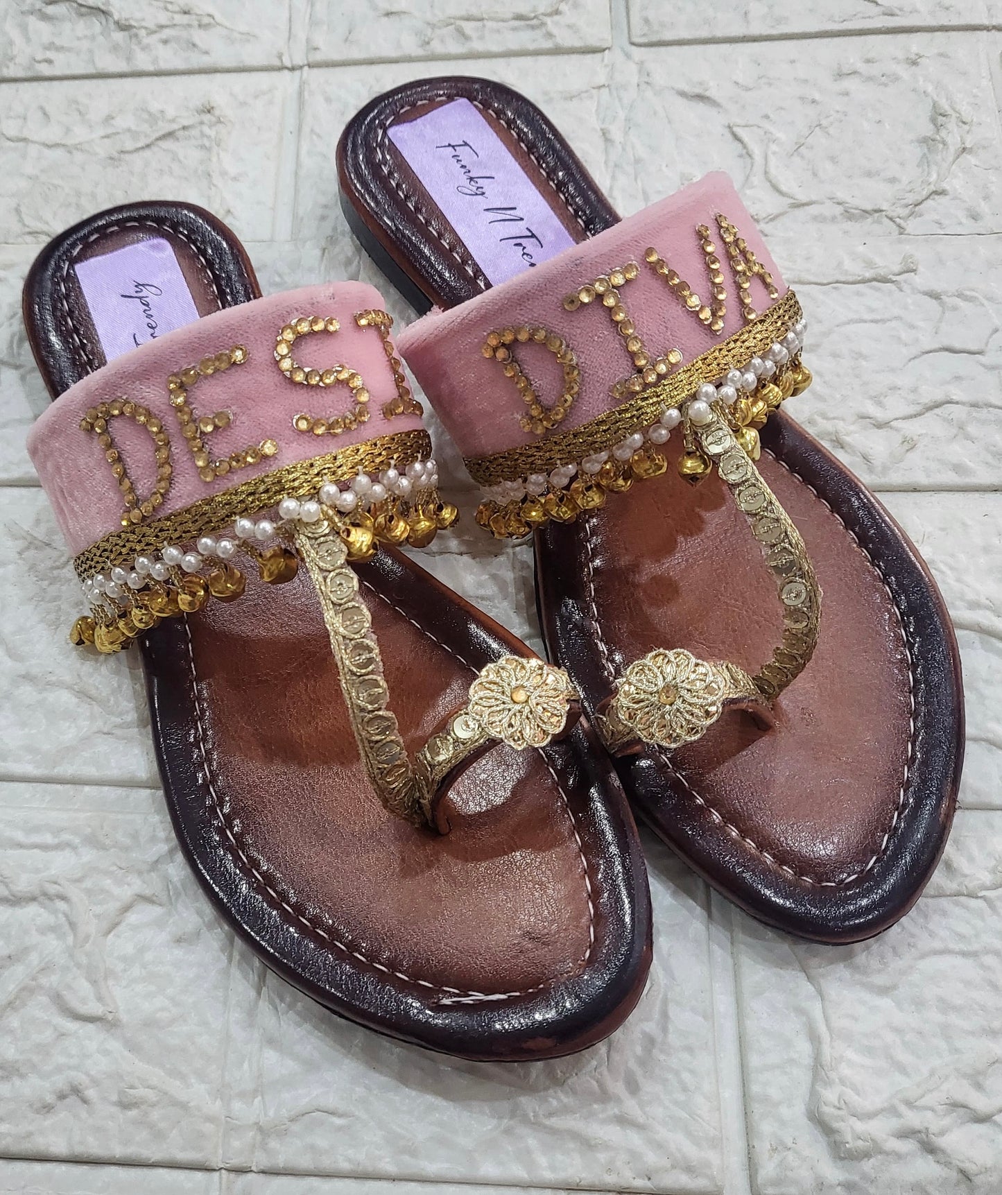 FUNKY N TRENDY hand crafted wedding theme pink kolhapuri for bride / handcrafted flats / quirky flats/ Desi Diva kolhpauri / customised flats / pink flats / haldi theme kolhapuri