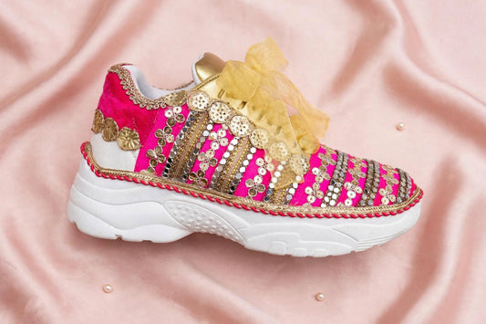 Funky N Trendy Hot pink zari work with mirror detailing bridal sneakers/ bridesmaid sneaker / golden sneakers/ hot pink sneakers / pink shoes for bride/ rani pink sneakers