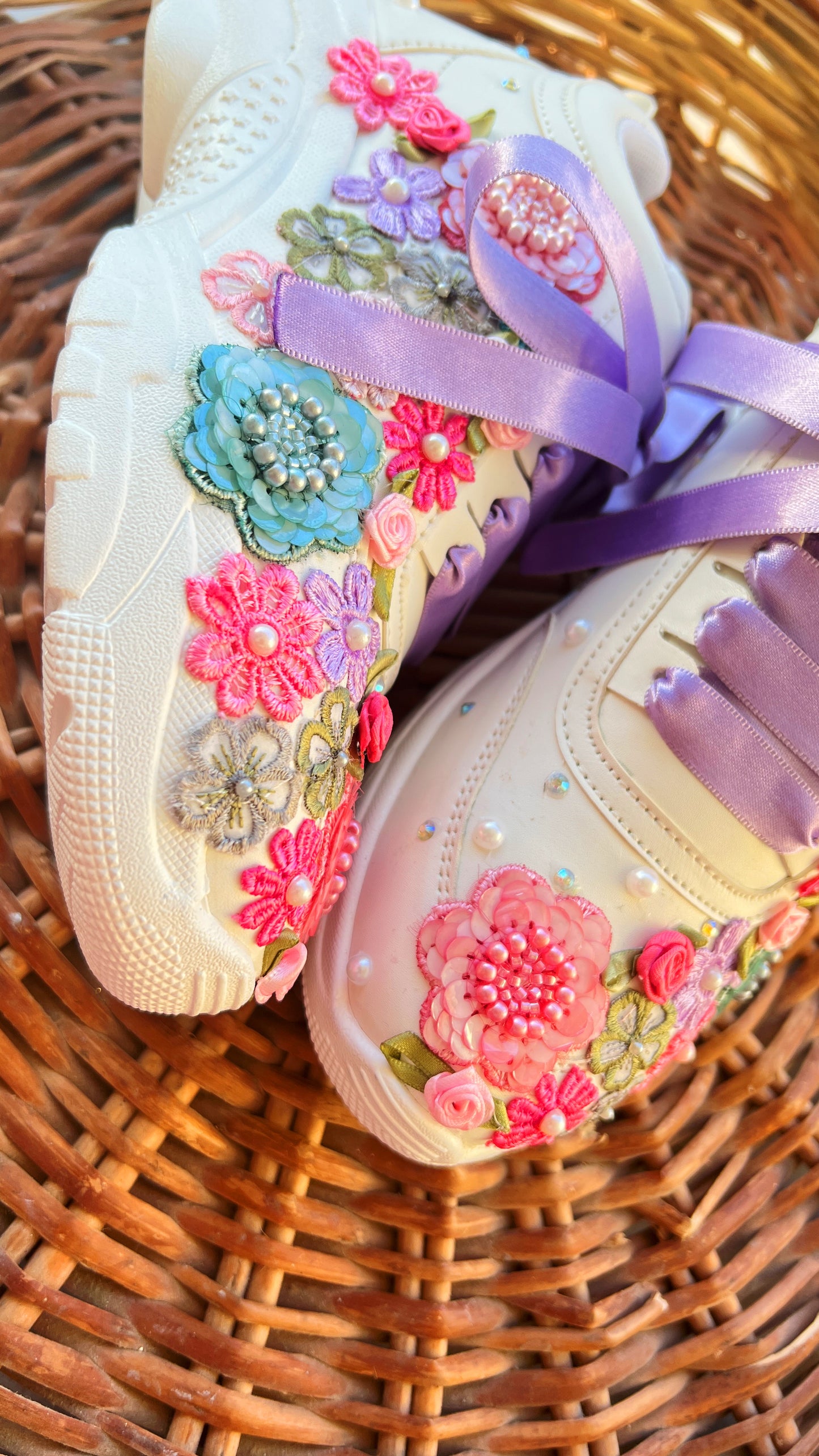 FUNKY N TRENDY hand embroidered floral work sneakers/ white sneakers /bridal shoes / bridal sneakers / floral sneakers/flower shoes /bridesmaid sneakers/ pink shoes / pink sneakers