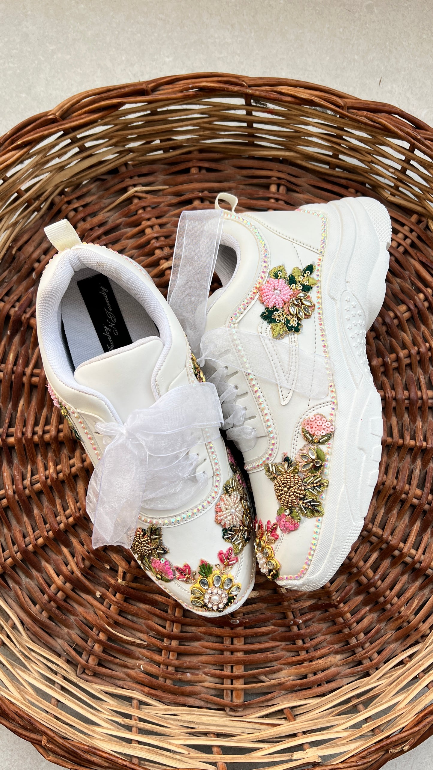 FUNKY N TRENDY hand embroidered floral work sneakers/ white sneakers /bridal shoes / bridal sneakers / minimal sneakers/ bridesmaid sneakers