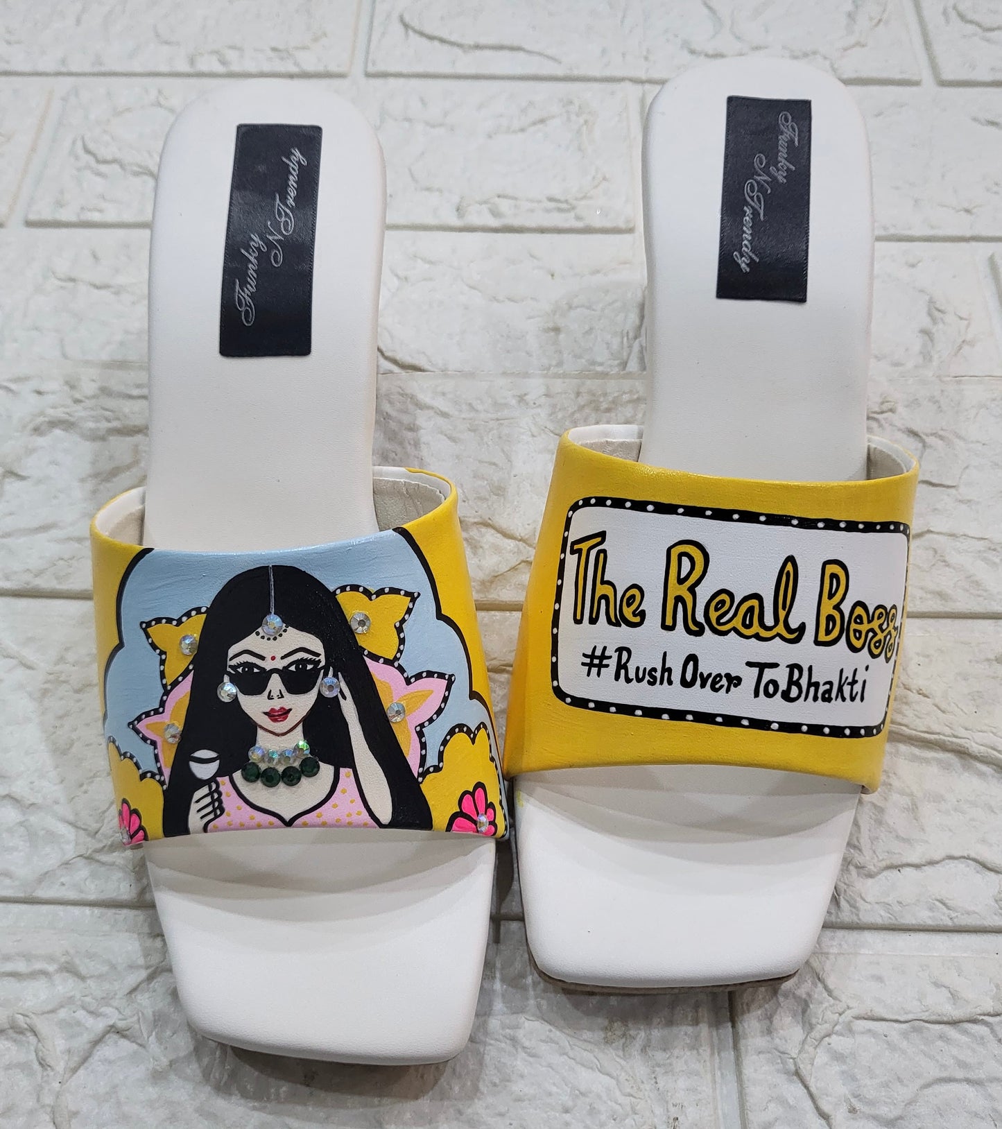 Funky N Trendy Couple footwear/ bridal footwear / groom footwear/ quirky footwear / couple shoes/funky bridal combos / wedding footwear/ couple footwear for haldi mahendi sangeet/hand painted heels/ wedges / yellow shoes for haldi