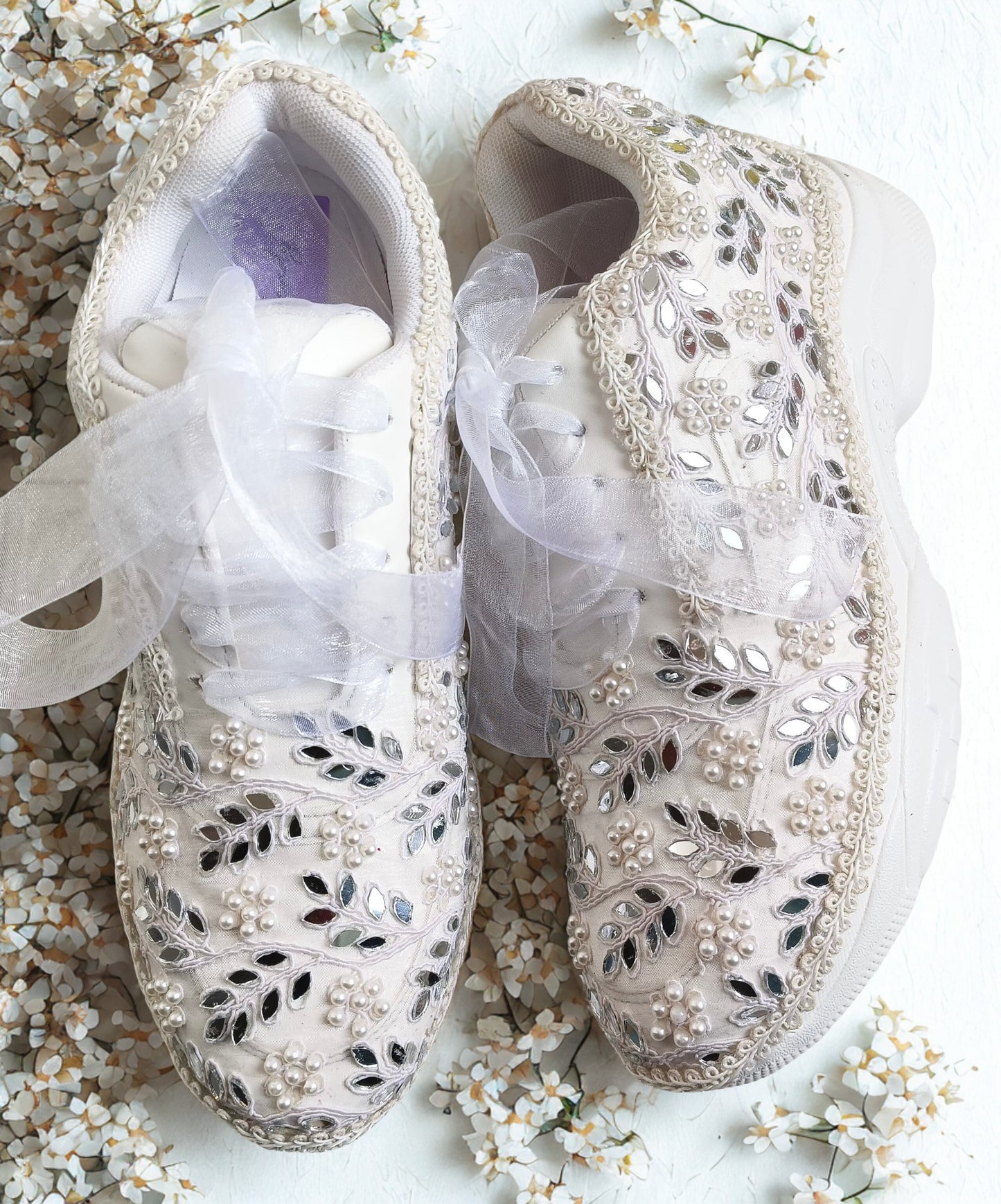 Funky N Trendy white pearl hand work sneakers / bridal sneakers/ sneaker for bride / white sneakers/ pearl sneakers for bride/ bridesmaid sneakers / pearls sneakers / mirror sneakers / white shoes
