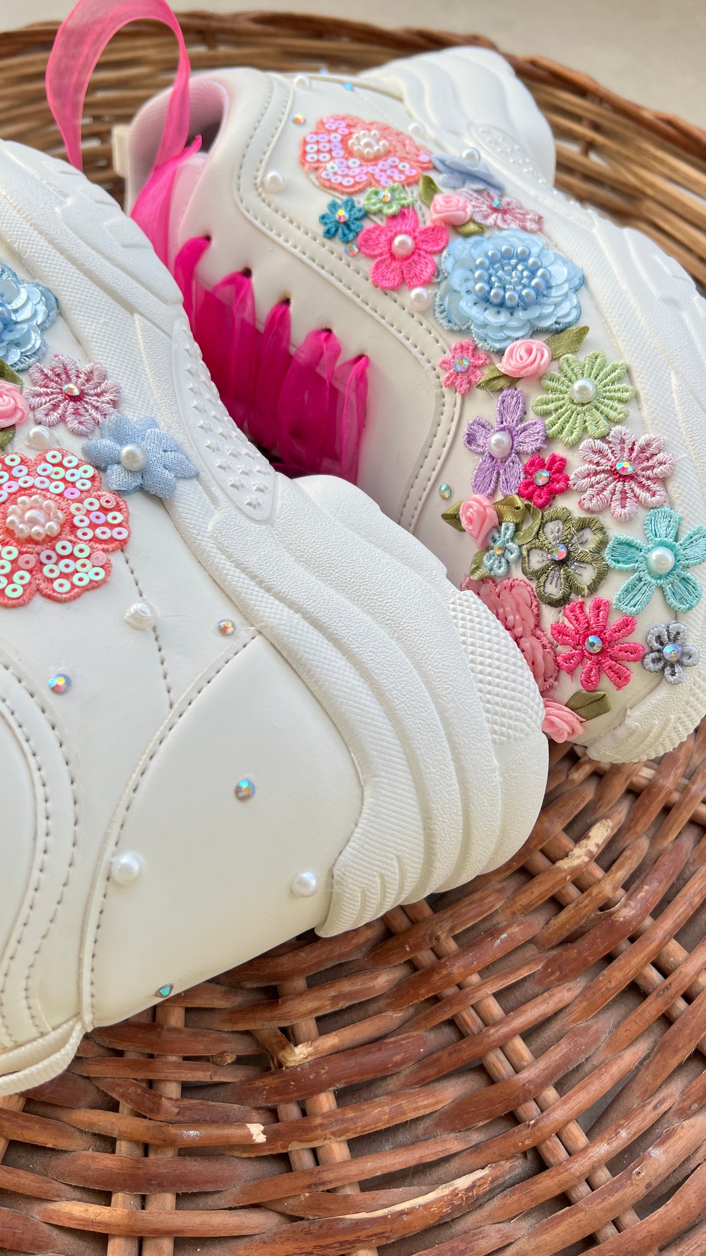 FUNKY N TRENDY hand embroidered floral work sneakers/ white sneakers /bridal shoes / bridal sneakers / floral sneakers/flower shoes /bridesmaid sneakers/ pink shoes / pink sneakers