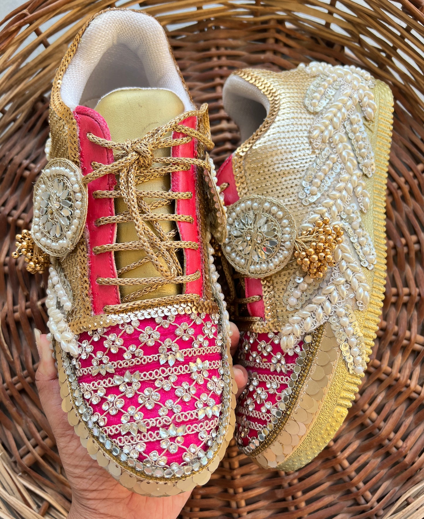 FUNKY N TRENDY hot pink sneakers with rhinestone detailing for brides /bridesmaids / sneakers for bridesmaids/ handcrafted sneakers/ sequine sneakers / bridal sneakers / bridesmaid sneakers/ pink sneakers / gold shoes/ rani pink sneakers