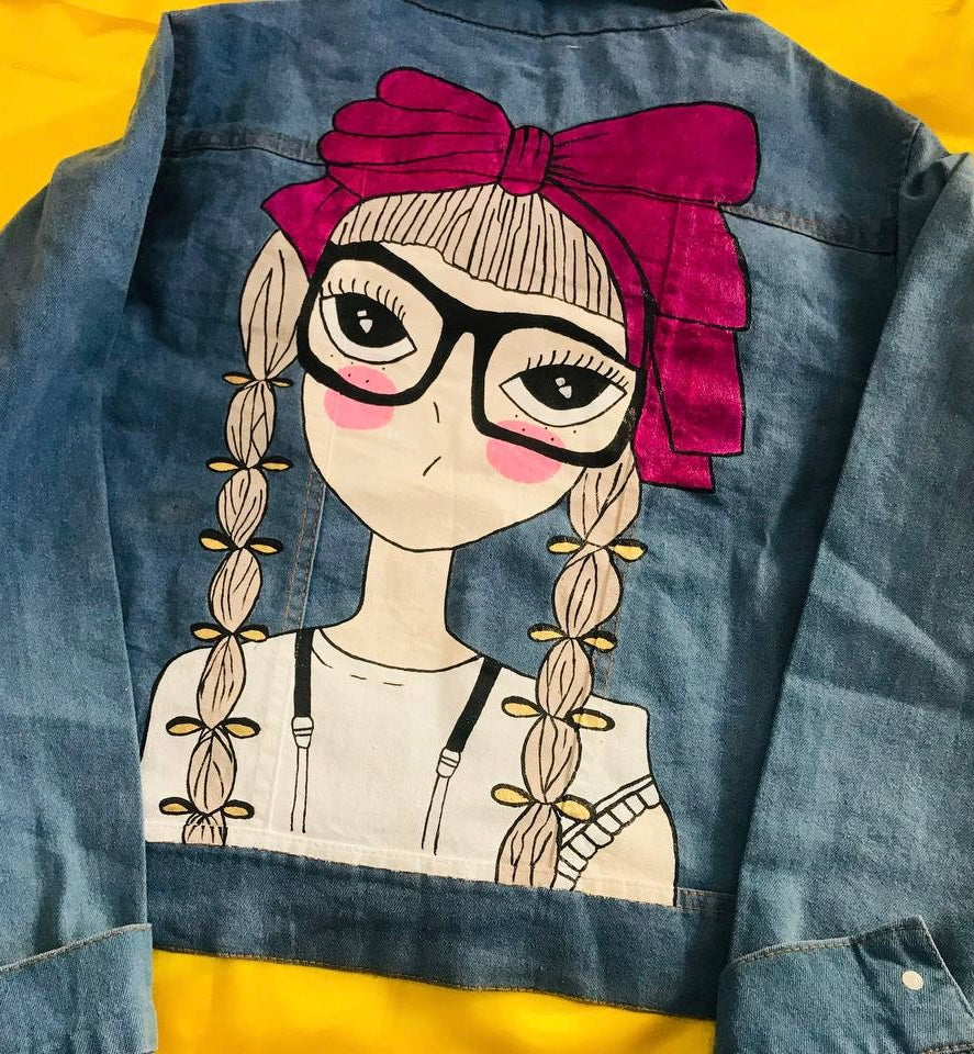 Funky N Trendy hand painted nerdy girl theme denim jacket for women