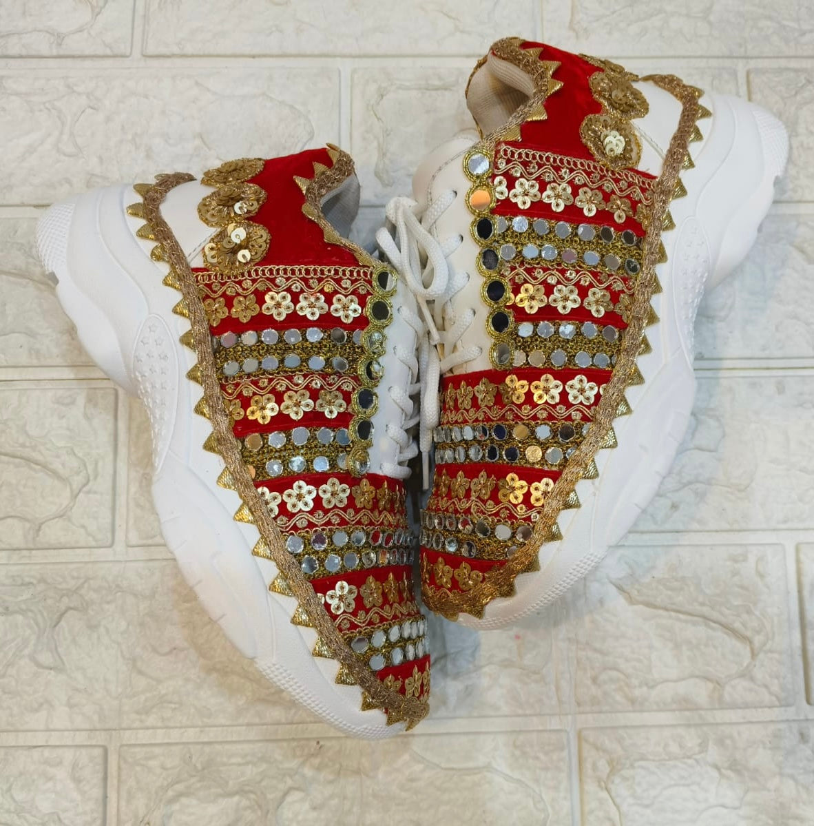 FUNKY N TRENDY red sneakers for brides /bridesmaids / sneakers for bridesmaids/ handcrafted sneakers/ mirror sneakers / bridal sneakers / bridesmaid sneakers/ gold sneakers / red sneakers