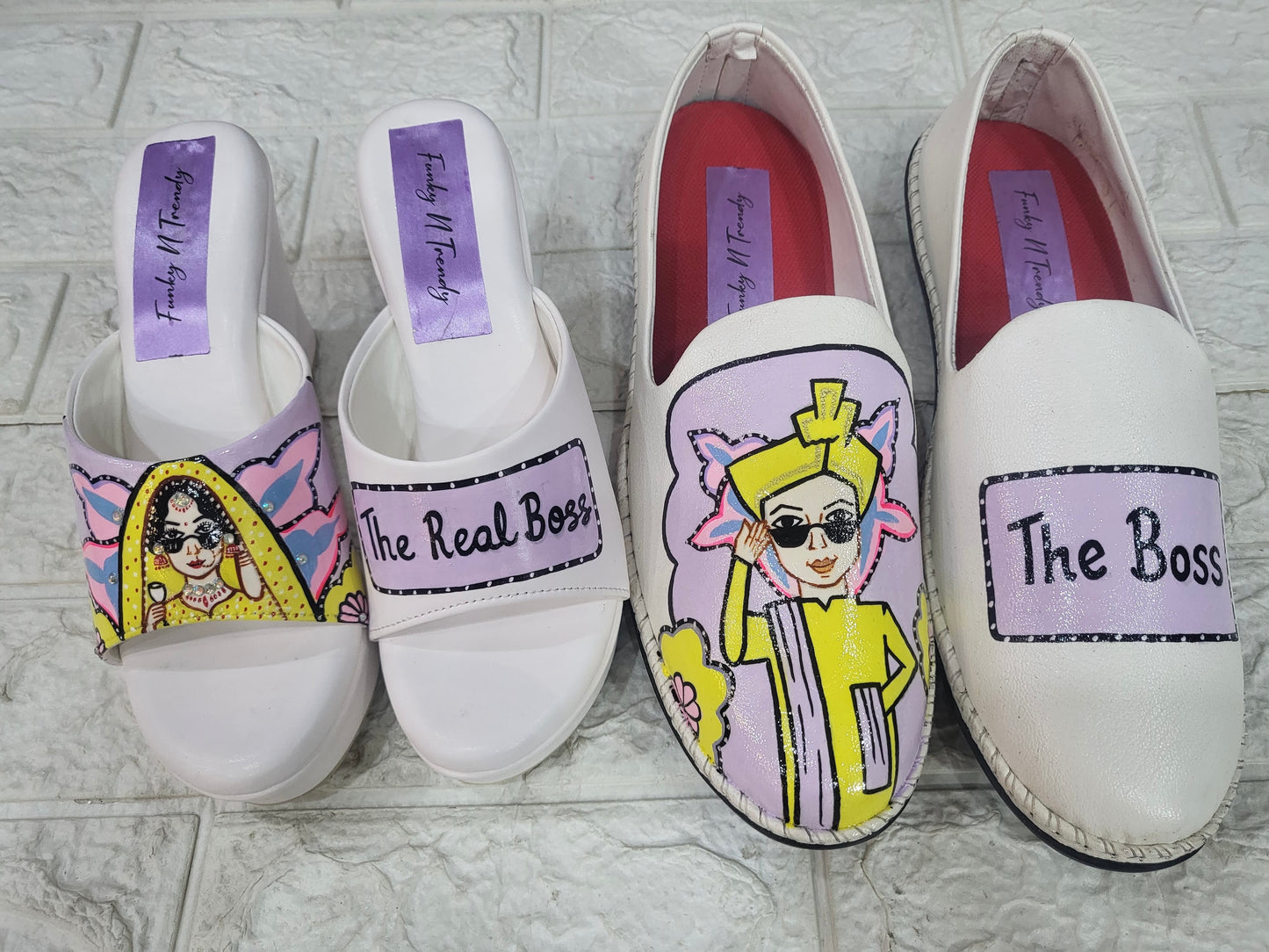 Funky N Trendy Couple footwear/ bridal footwear / groom footwear/ quirky footwear / couple shoes/funky bridal combos / wedding footwear/ couple footwear for haldi mahendi sangeet/hand painted heels/ wedges / yellow shoes for haldi