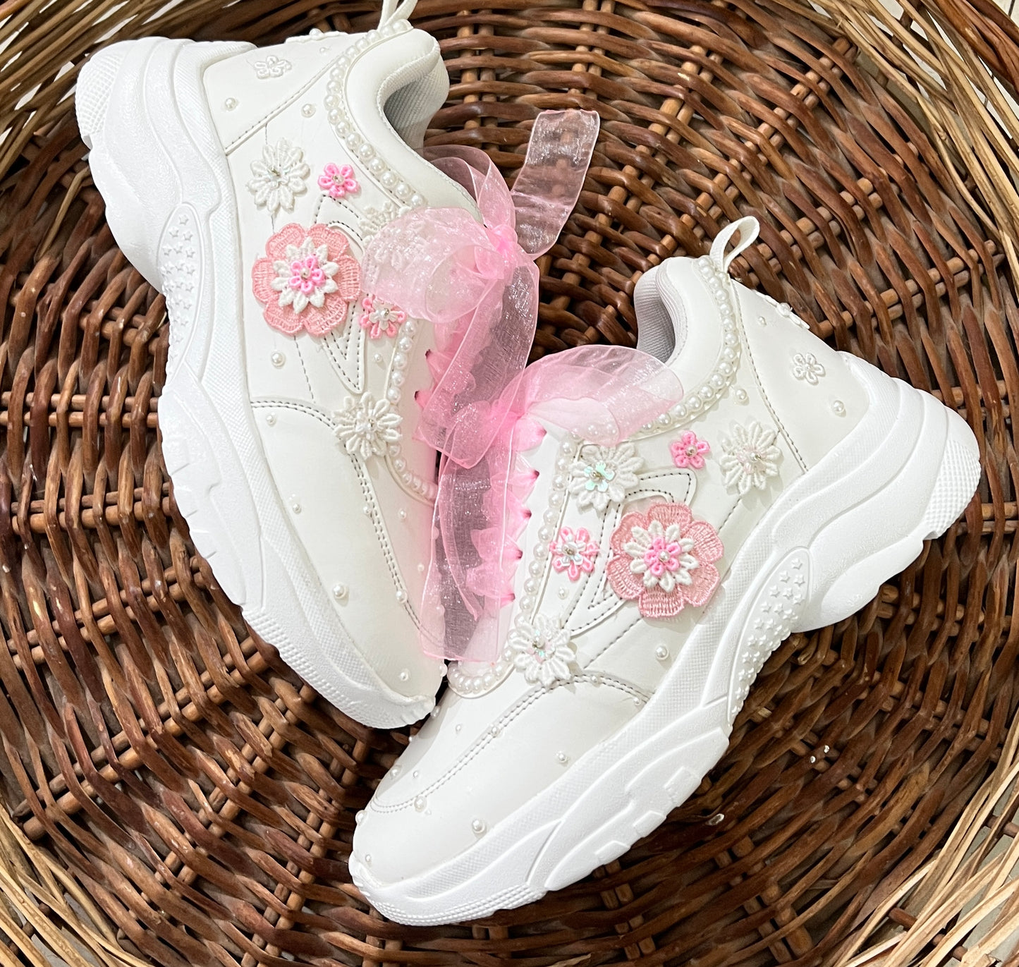 Funky N Trendy white pearl work sneakers with pink floral detailing / bridal sneakers/ sneaker for bride / white sneakers/ pearl sneakers for bride