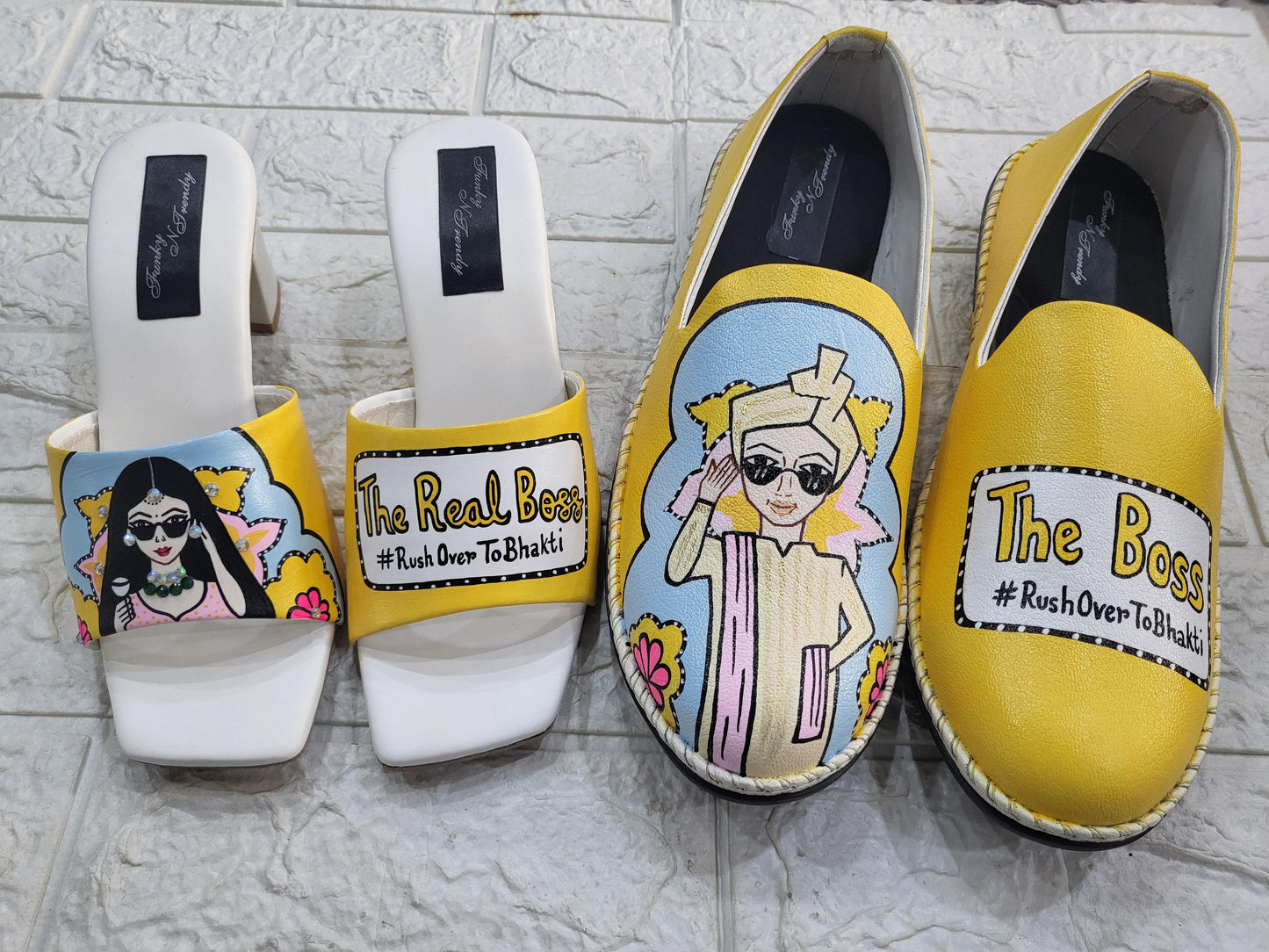 Funky N Trendy Couple footwear/ bridal footwear / groom footwear/ quirky footwear / couple shoes/funky bridal combos / wedding footwear/ couple footwear for haldi mahendi sangeet/hand painted heels/ wedges / yellow shoes for haldi