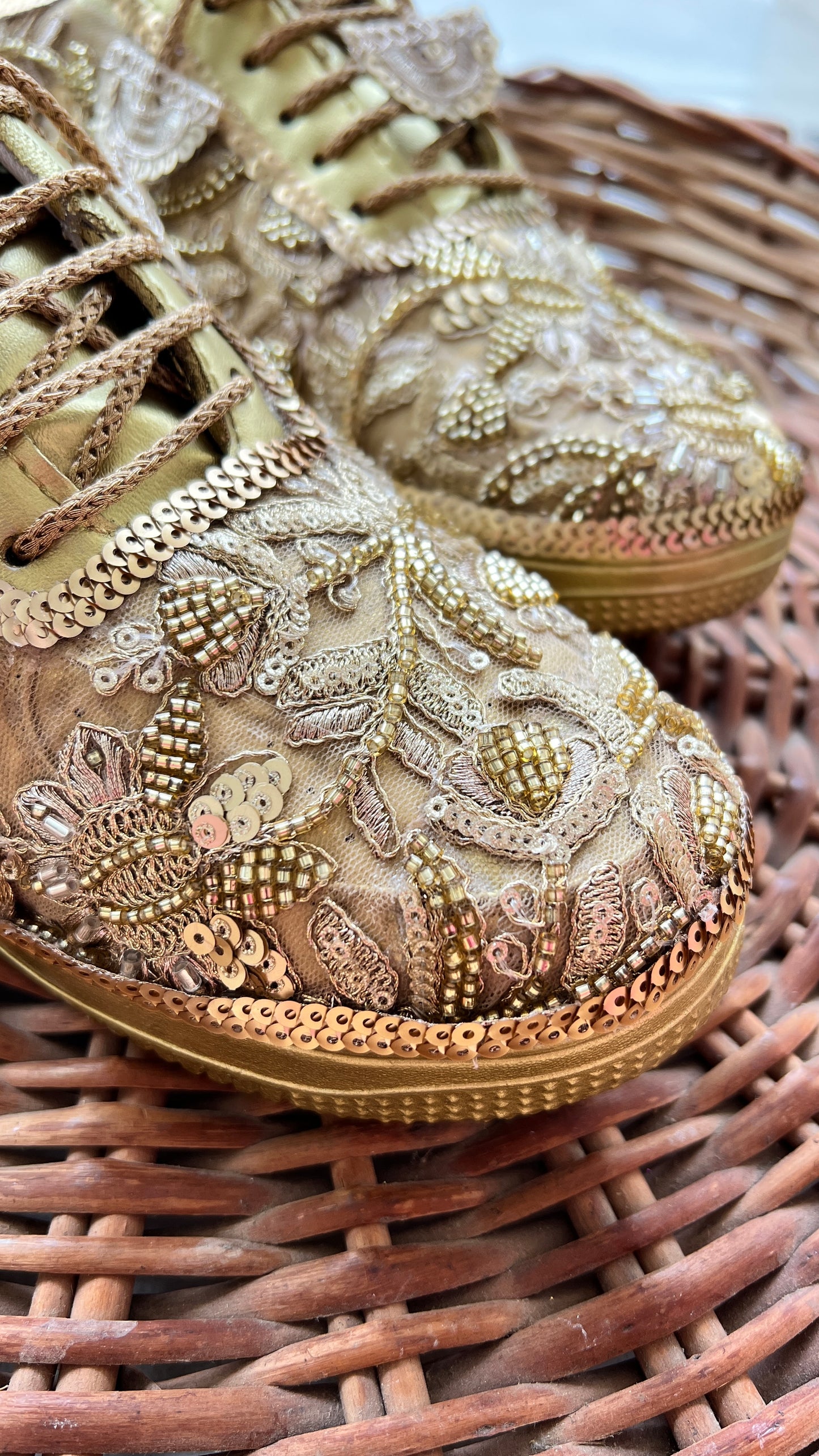 Funky N Trendy Handcrafted Golden Bridal Sneakers – Custom cutdana Embroidery for Brides & Bridesmaids