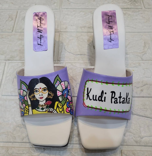 FUNKY N TRENDY hand painted water resistant wedding theme block heels for bride / handpainted heels / quirky heels/ kudi pataka sandals / kudi pataka heels / purple heels