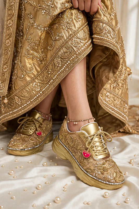Funky N Trendy hand crafted golden bridal sneakers bridesmaid sneakers/ gold sneakers / golden sneakers / golden embroidery sneakers with tint of hot pink tassels
