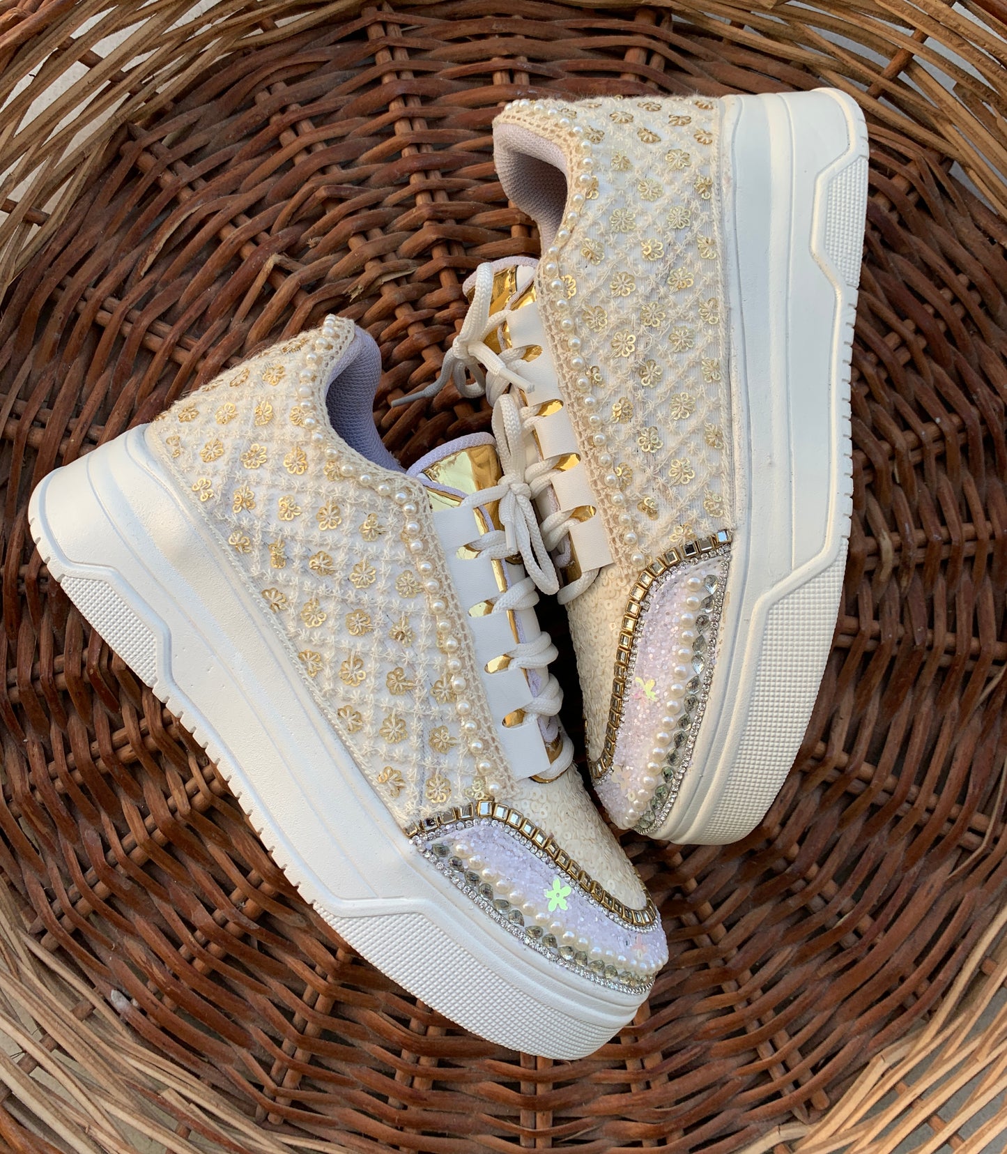 FUNKY N TRENDY ivory minimalistic sneakers with pearl detailing for brides /bridesmaids / sneakers for bridesmaids/ handcrafted sneakers/ sequine sneakers / bridal sneakers / bridesmaid sneakers/ ivory sneakers / minimal shoes
