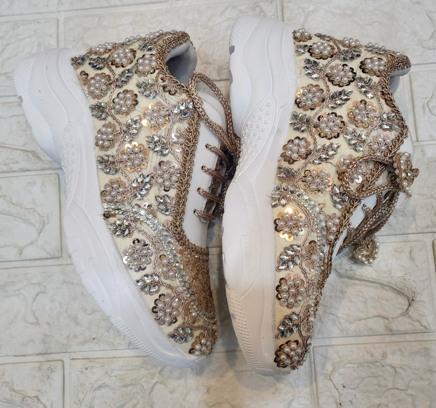 FUNKY N TRENDY rose gold/ tan peach/gold sneakers with pearl detailing for brides / bridesmaids/ ivory sneakers / beige sneakers / tan peach shoes/ rose gold sneakers / rose gold shoes
