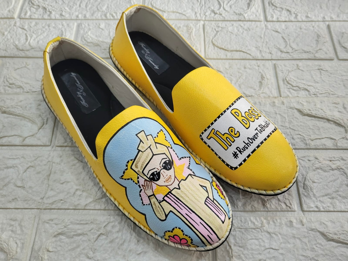 Funky N Trendy Couple footwear/ bridal footwear / groom footwear/ quirky footwear / couple shoes/funky bridal combos / wedding footwear/ couple footwear for haldi mahendi sangeet/hand painted heels/ wedges / yellow shoes for haldi