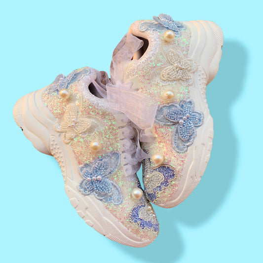 FUNKY N TRENDY blue and white butterfly sneakers/ hand work sneakers for brides / bridesmaids