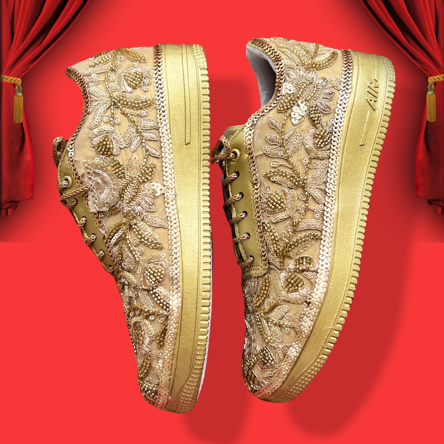 Funky N Trendy Handcrafted Golden Bridal Sneakers – Custom cutdana Embroidery for Brides & Bridesmaids