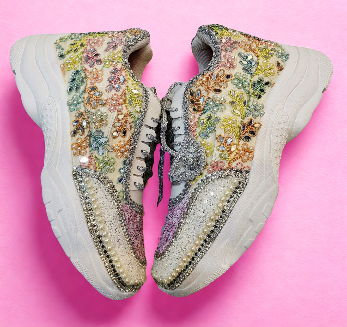 FUNKY N TRENDY hand crafted pastel bridal sneakers / boho sneakers / pastel sneakers / embroidery sneakers / sneakers for bride/ bridal shoes / multi colored shoes / pastel shades / ivory with pastel colors/ embroidery shoes/ purple shoes / levender shoes
