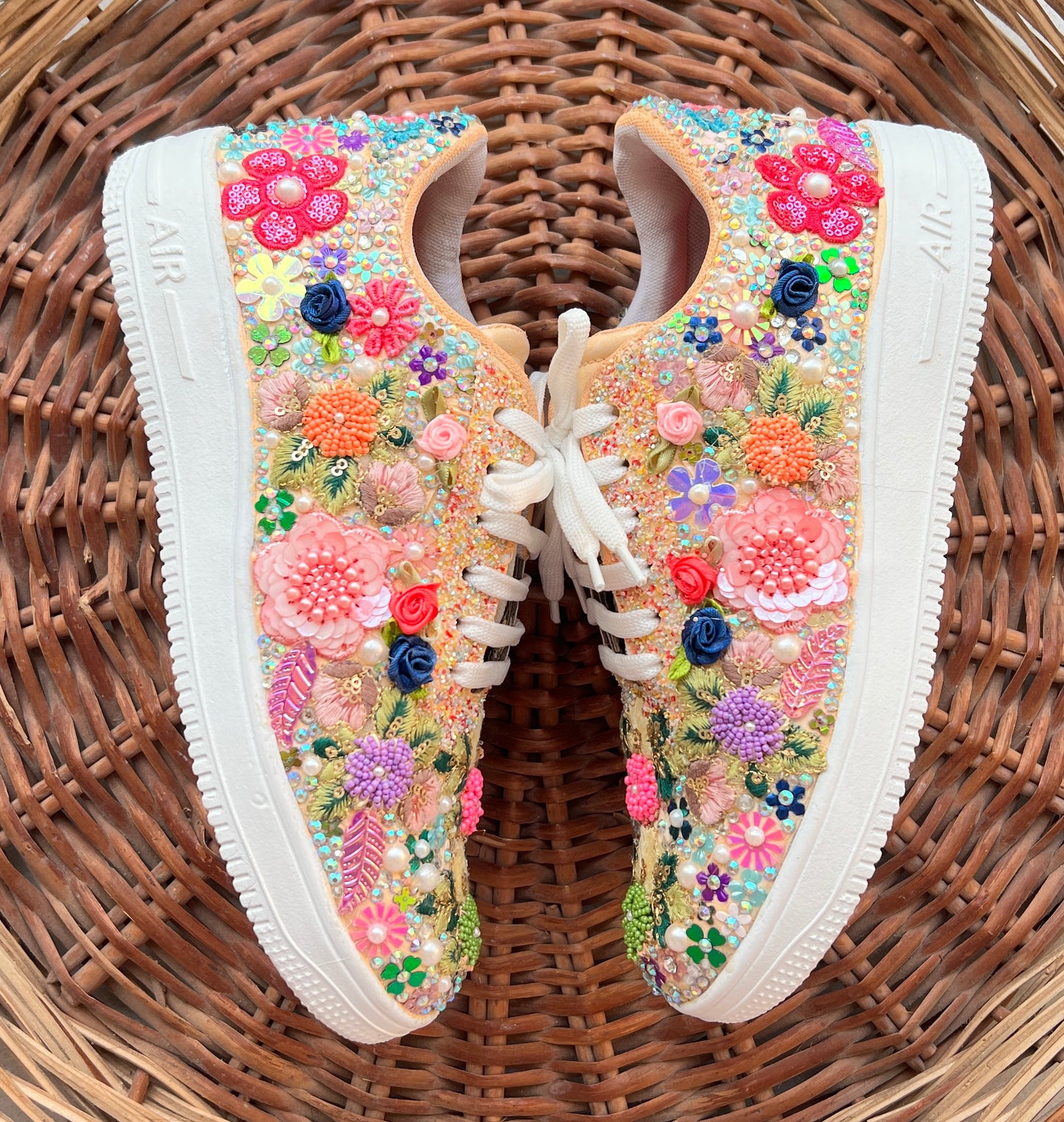 FUNKY N TRENDY fully hand crafted floral work with beads rhinestones cutdana etc /bridal sneakers / bridesmaid sneakers/ floral sneakers /colorful sneakers /bridal shoes / haldi mahendi shoes