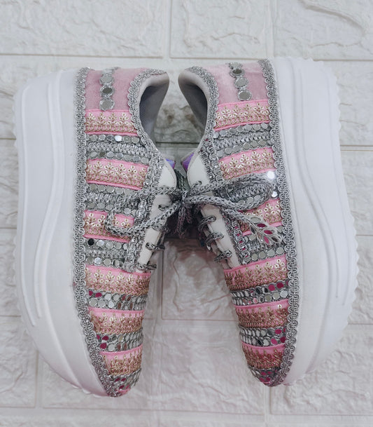 FUNKY N TRENDY pink and silver hand work sneakers for brides / bridesmaids/ pink sneakers / mirror sneakers / pink shoes / pink and silver sneakers/ embroidered sneakers