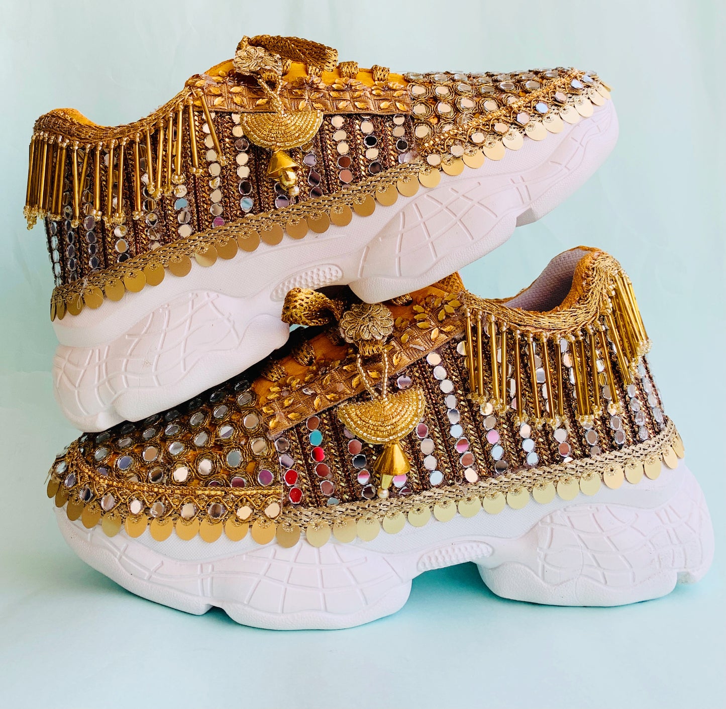 FUNKY N TRENDY gold mirror heeled sneakers for brides and bridesmaids