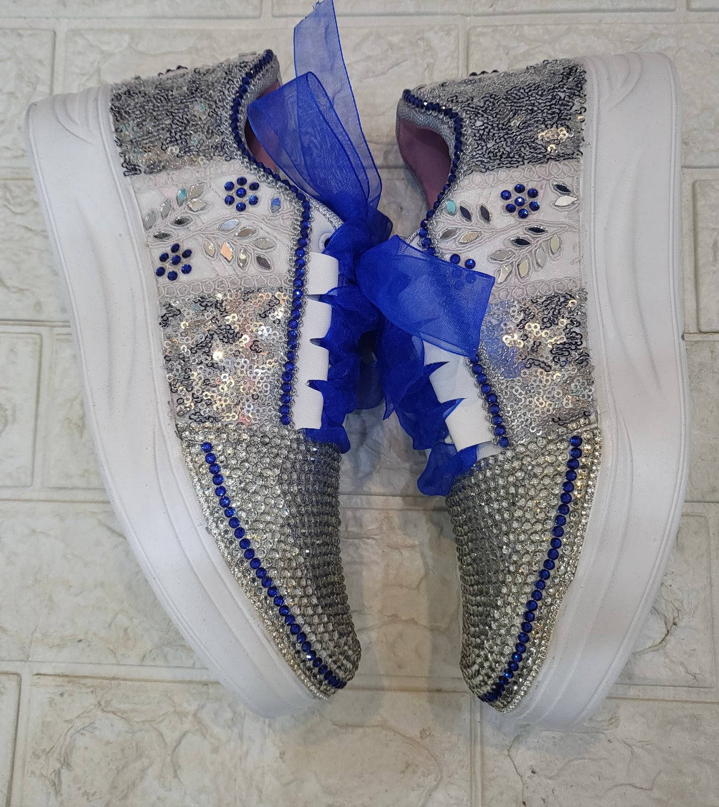 FUNKY N TRENDY rhinestone work bridal sneakers / bridesmaid sneakers/ silver sneakers / silver shoes/ rhinestone sneakers mirror shoes/ bride shoes/ embroidered shoes/ silver and blue sneakers