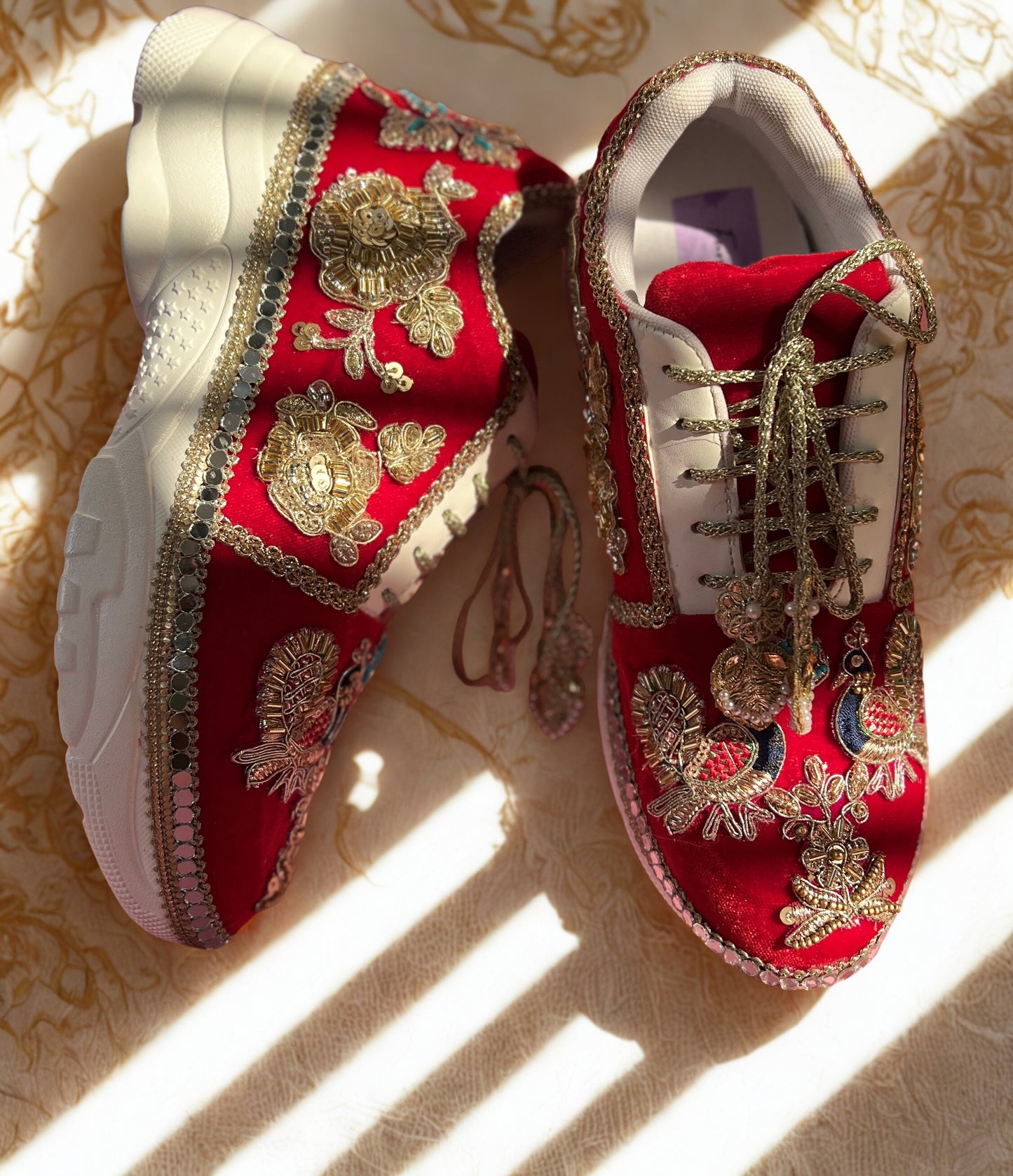 Funky N Trendy Peacock Magic Red Bridal Sneakers – Dance-Ready & Personalised