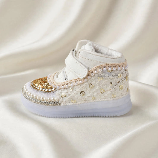 Myra - White & Gold Handcrafted Ethnic Sneakers for Baby Girls