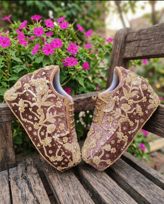 FUNKY N TRENDY rose gold with golden Embroidered bridal sneakers - wedge sneakers heeled sneakers/ sequine work sneakers/ brown sneakers