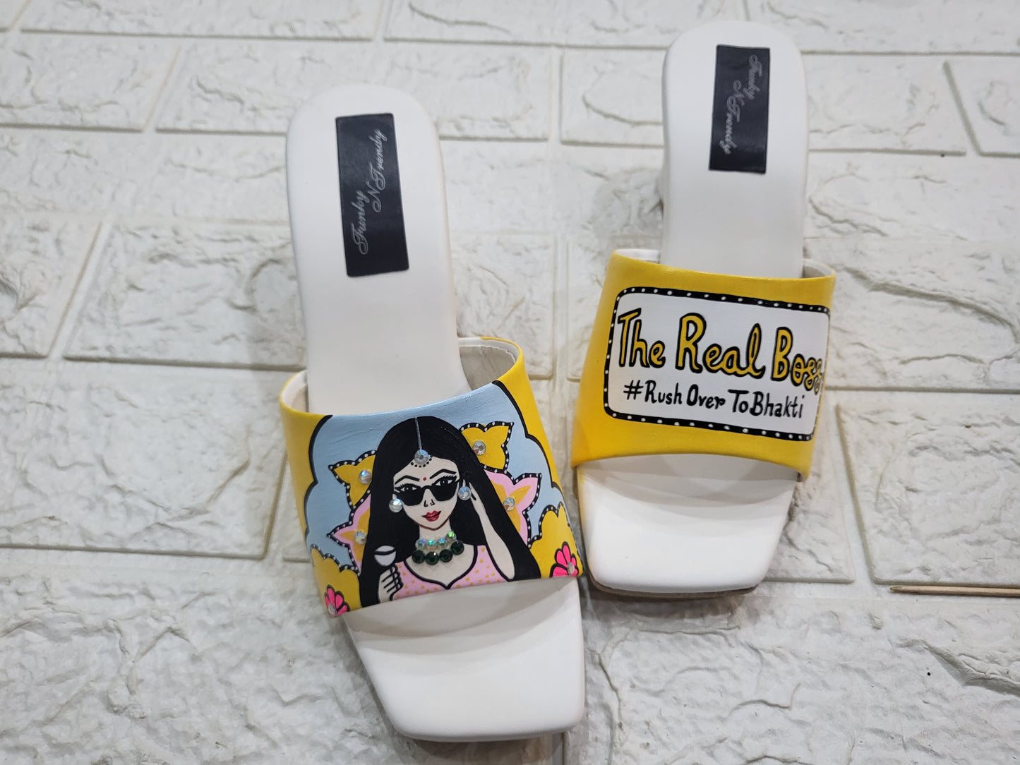 Funky N Trendy Couple footwear/ bridal footwear / groom footwear/ quirky footwear / couple shoes/funky bridal combos / wedding footwear/ couple footwear for haldi mahendi sangeet/hand painted heels/ wedges / yellow shoes for haldi