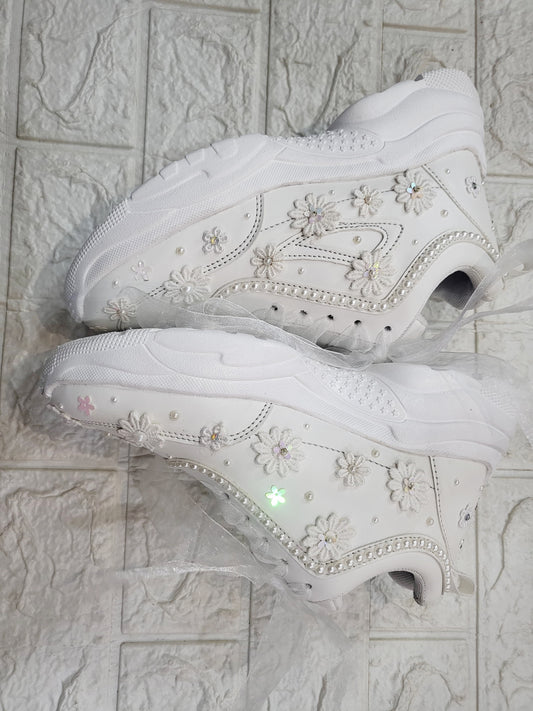 Funky N Trendy White Pearl Blossom Bridal Sneakers – Elegant & Customisable