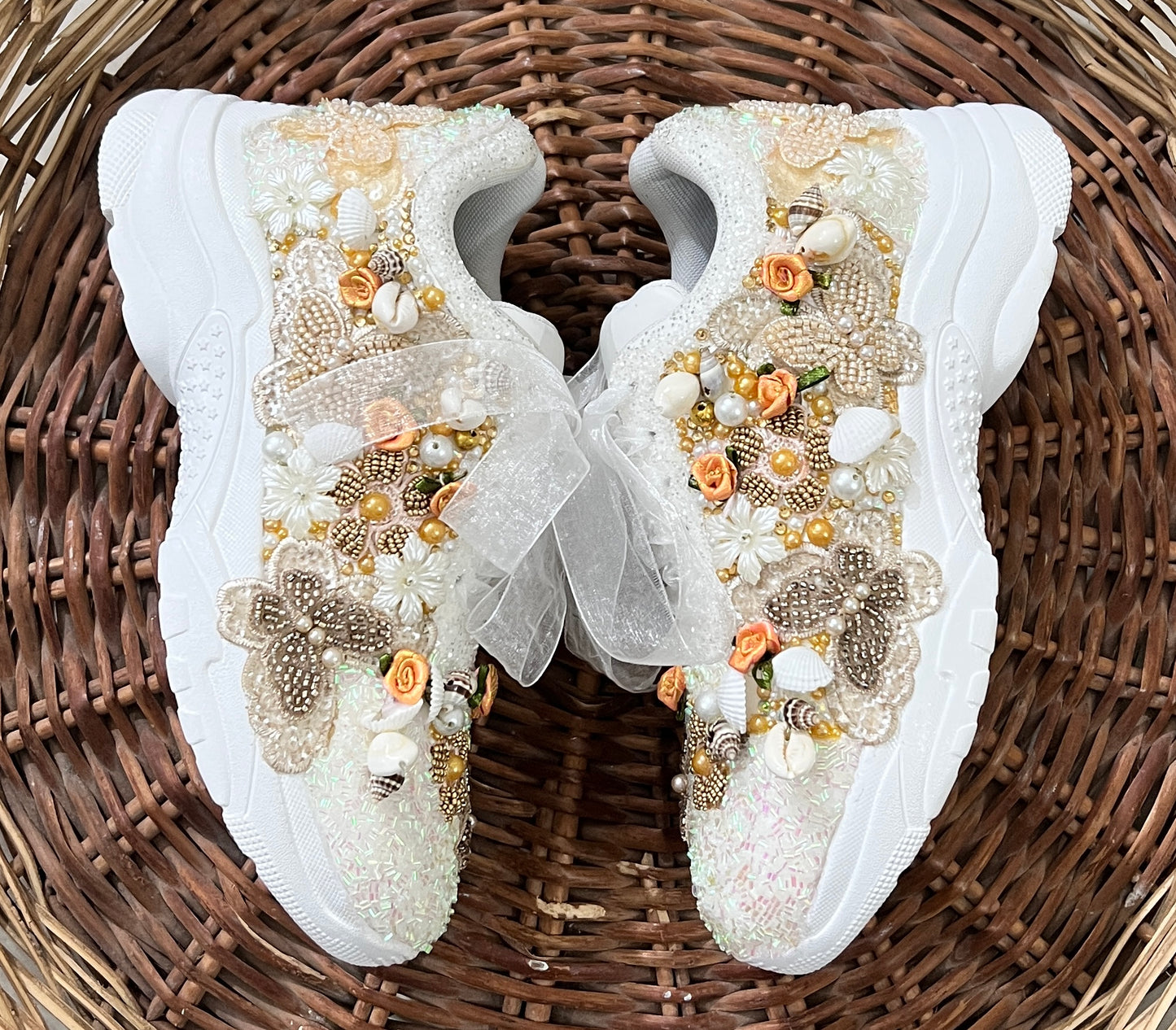 FUNKY N TRENDY gold butterfly embroidery sneakers for brides /gold embroidered sneakers/ handcrafted sneakers/ butterfly sneakers / bridal sneakers / bridesmaid sneakers/ gold and white hand work sneakers