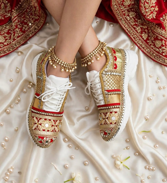 FUNKY N TRENDY red and gold sneakers for brides /bridesmaids / sneakers for bridesmaids/ handcrafted sneakers/ gold sneakers / bridal sneakers / bridesmaid sneakers/ gold sneakers / red shoes