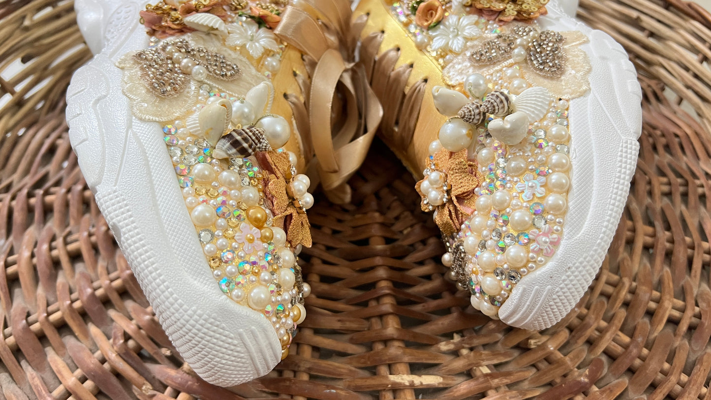 FUNKY N TRENDY gold butterfly embroidery sneakers for brides /gold embroidered sneakers/ handcrafted sneakers/ butterfly sneakers / bridal sneakers / bridesmaid sneakers/ gold and white hand work sneakers