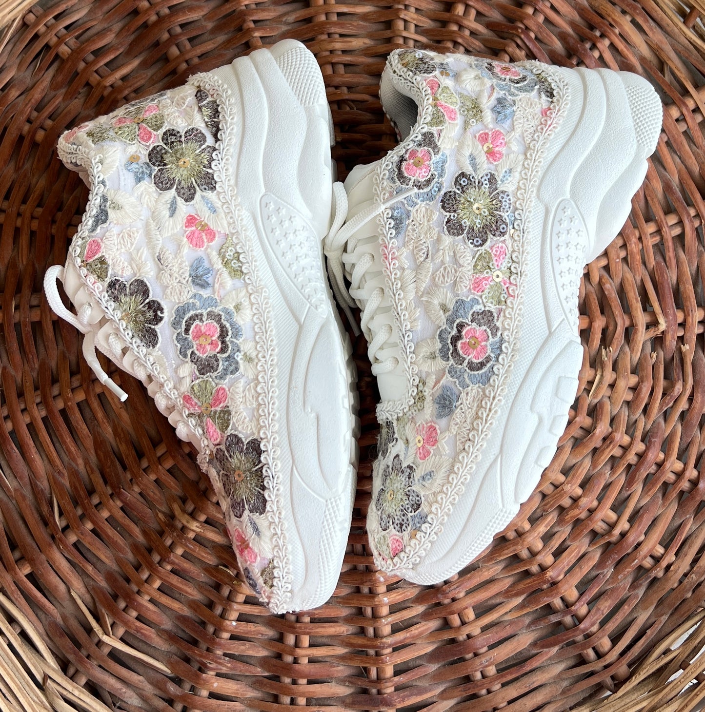 FUNKY N TRENDY fully hand crafted floral work sneakers /bridal sneakers / bridesmaid sneakers/ floral sneakers /colorful sneakers /bridal shoes / haldi mahendi shoes/ green sneakers