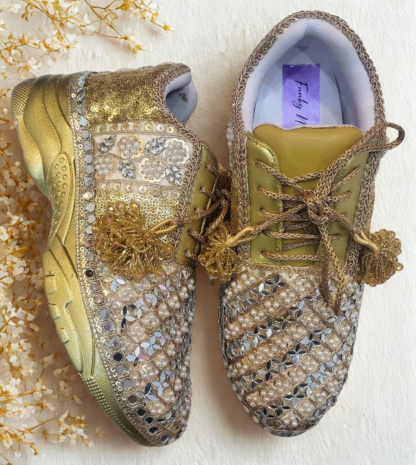 FUNKY N TRENDY gold sneakers for brides / gold sneakers for bridesmaids/ gold sneakers / bridal sneakers / bridesmaid sneakers/ golden hand work sneakers / gold sneakers / embroidered sneakers