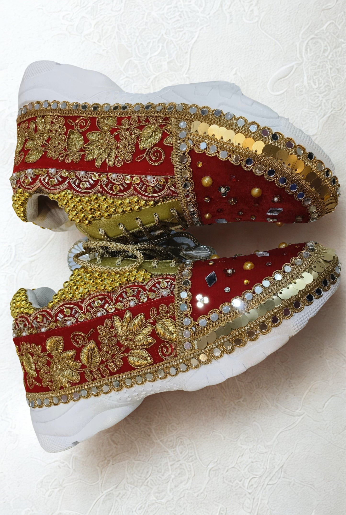 FUNKY N TRENDY red and gold bridal sneakers / bridesmaid sneakers/ golden sneakers / gold sneakers / red shoes / red bridal sneakers / embroidered shoes / embroidered sneakers