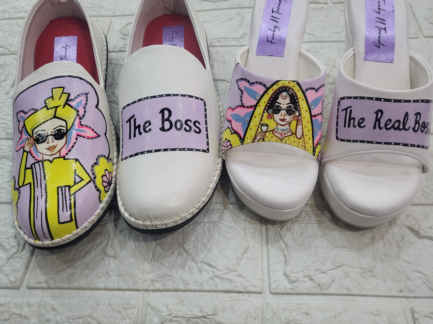 Funky N Trendy Couple footwear/ bridal footwear / groom footwear/ quirky footwear / couple shoes/funky bridal combos / wedding footwear/ couple footwear for haldi mahendi sangeet/hand painted heels/ wedges / yellow shoes for haldi