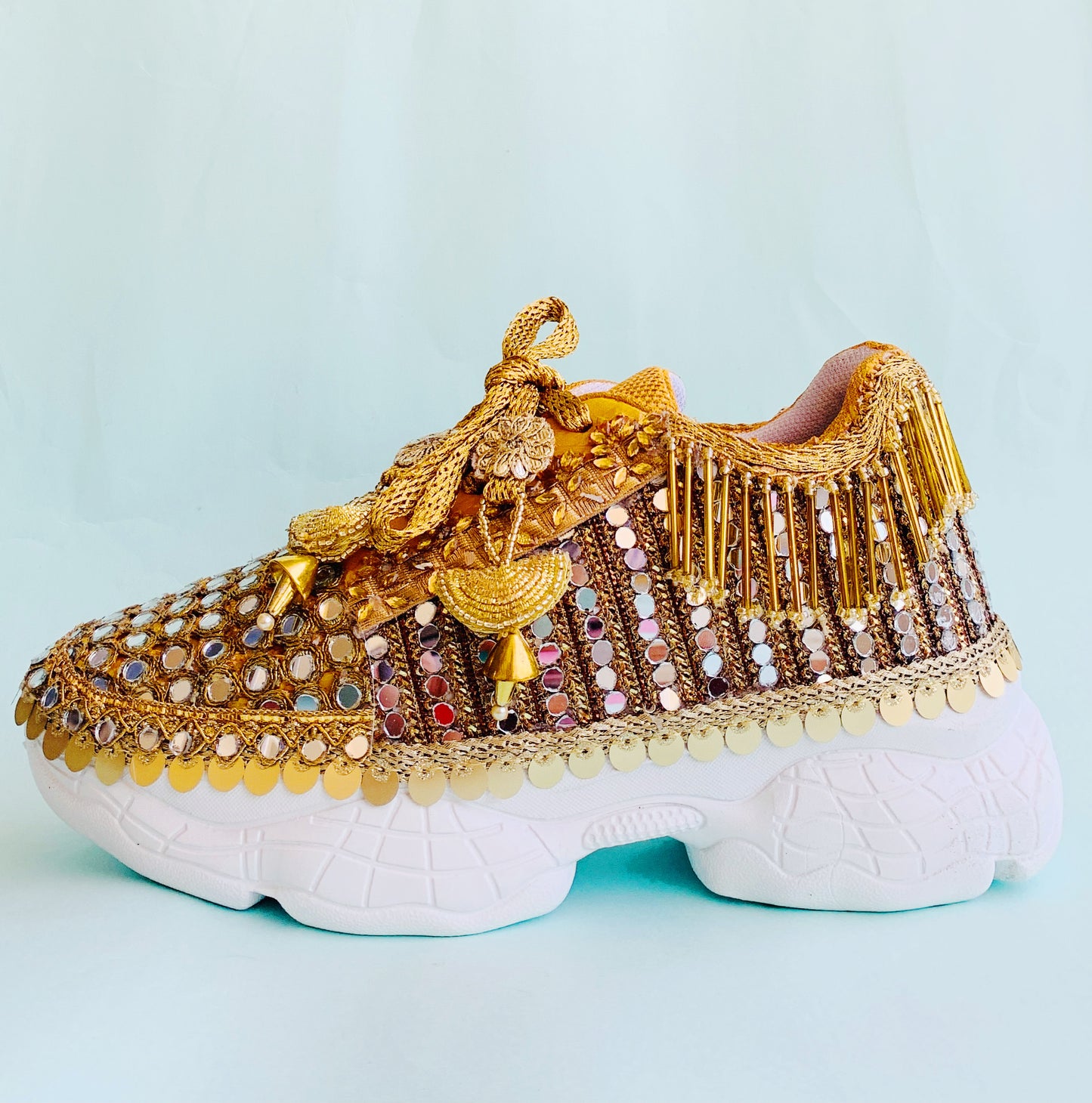 FUNKY N TRENDY gold mirror heeled sneakers for brides and bridesmaids