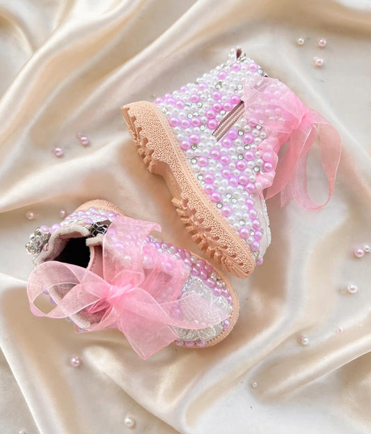 Handcrafted Butterfly & Pearl Custom Boots | Pink Organza Bows - Funky N Trendy