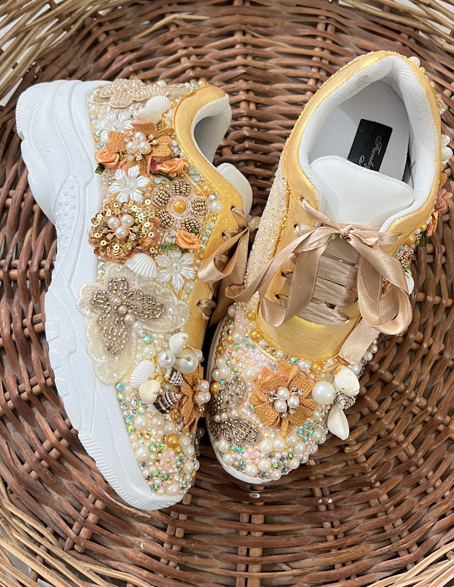 FUNKY N TRENDY gold butterfly embroidery sneakers for brides /gold embroidered sneakers/ handcrafted sneakers/ butterfly sneakers / bridal sneakers / bridesmaid sneakers/ gold and white hand work sneakers