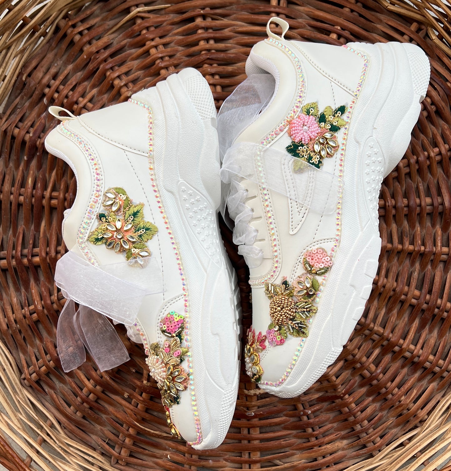 FUNKY N TRENDY hand embroidered floral work sneakers/ white sneakers /bridal shoes / bridal sneakers / minimal sneakers/ bridesmaid sneakers