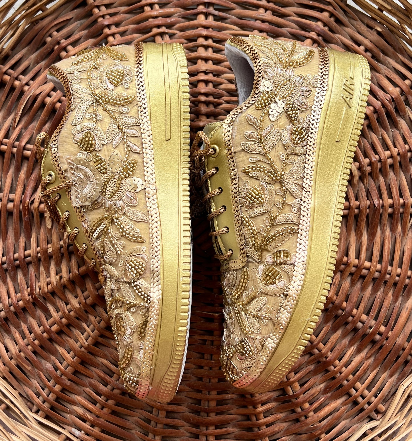 Funky N Trendy Handcrafted Golden Bridal Sneakers – Custom cutdana Embroidery for Brides & Bridesmaids