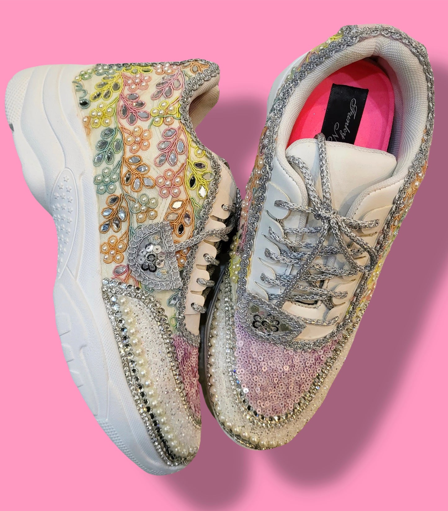 FUNKY N TRENDY hand crafted pastel bridal sneakers / boho sneakers / pastel sneakers / embroidery sneakers / sneakers for bride/ bridal shoes / multi colored shoes / pastel shades / ivory with pastel colors/ embroidery shoes/ purple shoes / levender shoes