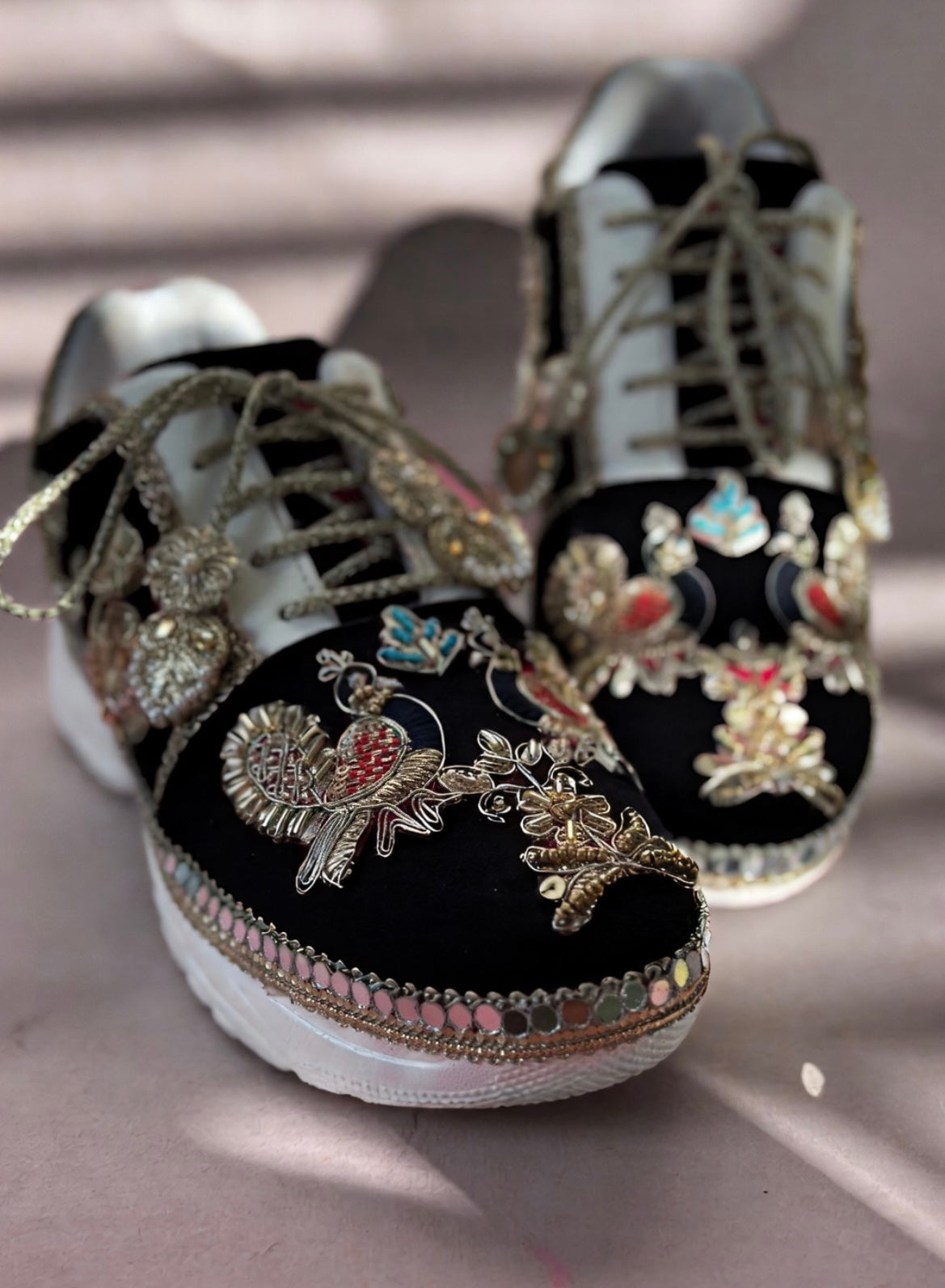 Funky N Trendy handcrafted hand embroidered cutdana work bridal sneakers/ bridesmaid sneaker / black sneakers /black boho sneakers/ black shoes/ unisex shoes / men shoes / women shoes